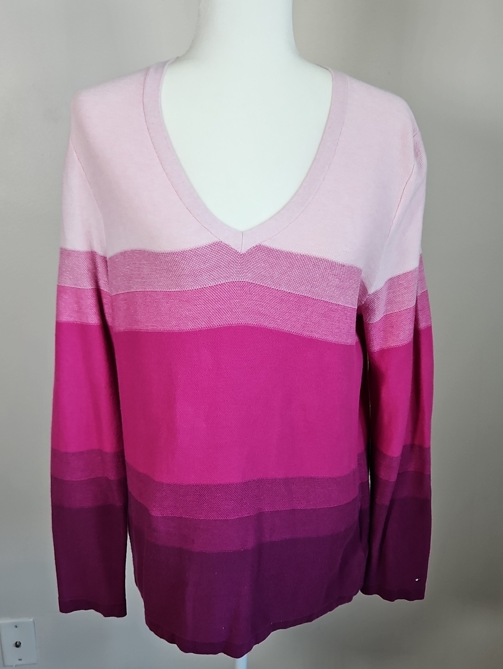 Tommy Hilfiger Ombre Striped V Neck Sweater 100% Pima Cotton XL Pink